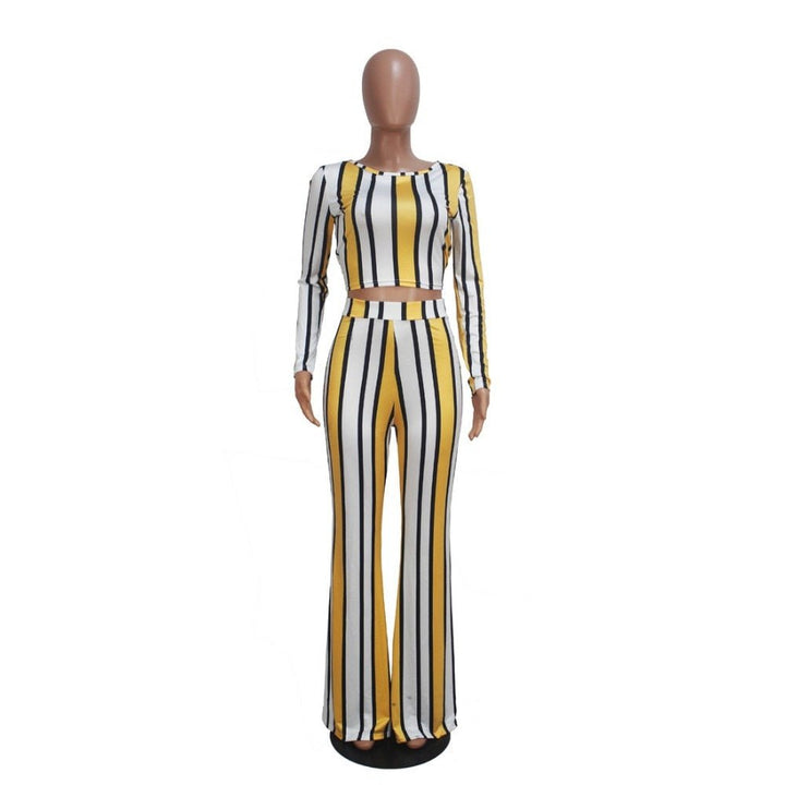 Stylish Autumn Striped Women's Two-Piece Tracksuit with Long-Sleeve Top and Wide-Leg Pants