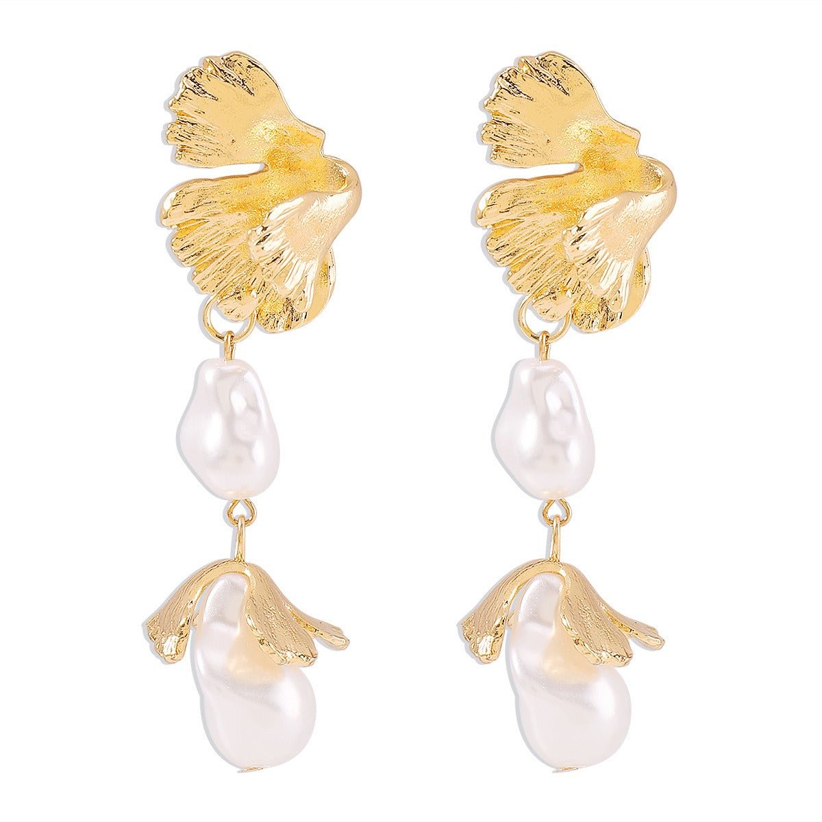 Shaped pearl earrings, metal wind leaves