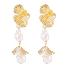 Shaped pearl earrings, metal wind leaves