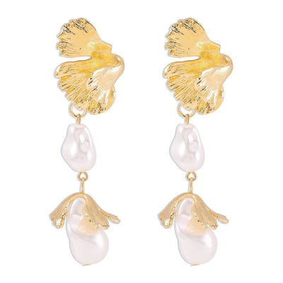 Shaped pearl earrings, metal wind leaves