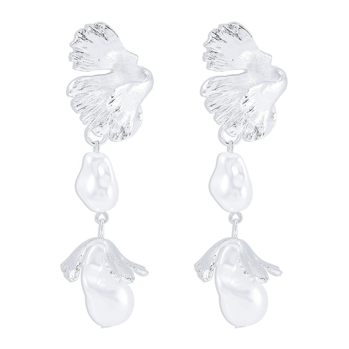 Shaped pearl earrings, metal wind leaves
