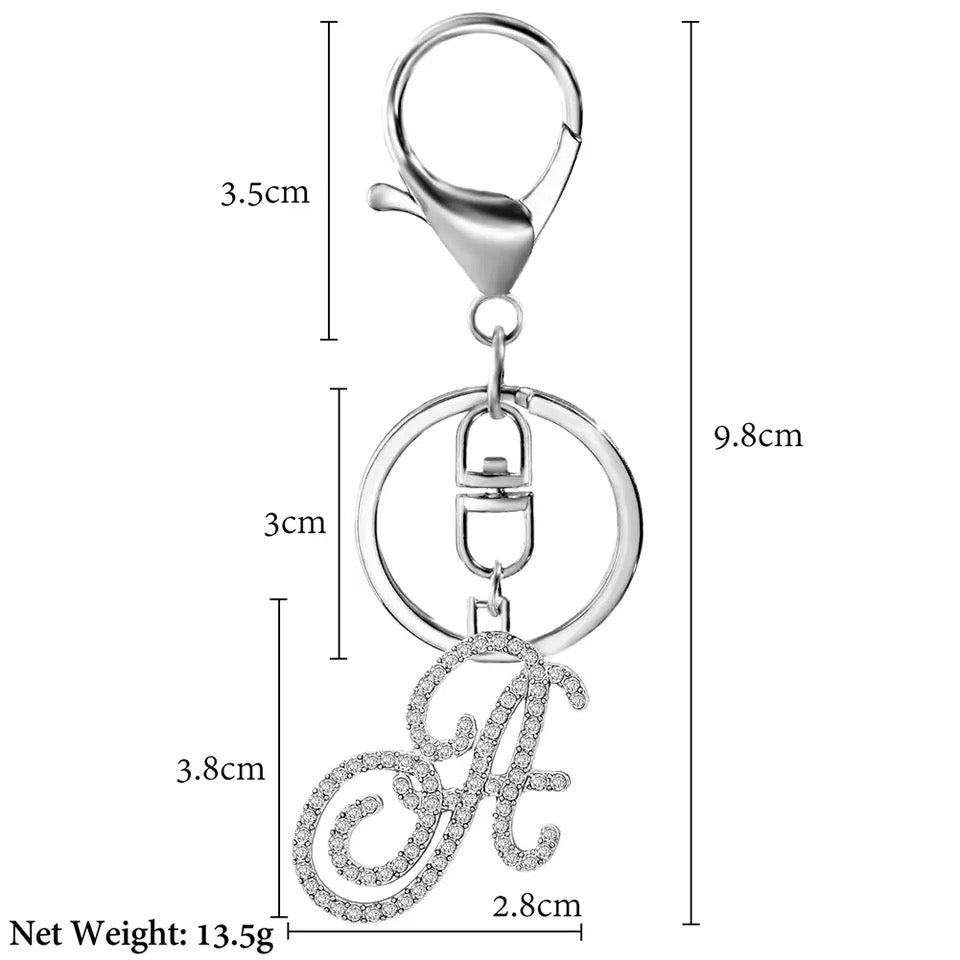 "Shimmering Scriptz - 26 Sparkling Initials Crystal Keychains in Silver Alloy (A-Z Letters)"