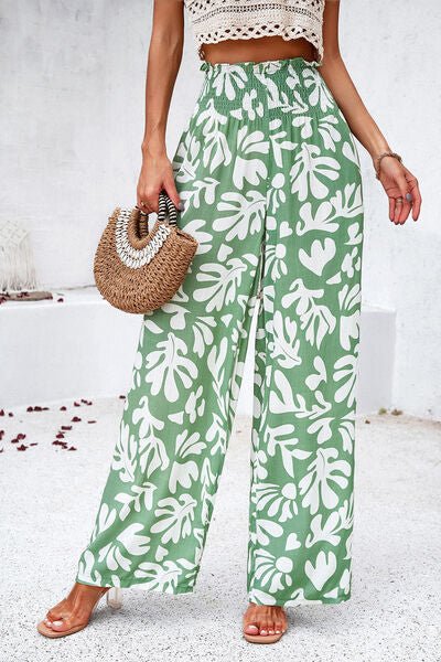 Smocked Printed Wide Leg Pants with Pockets