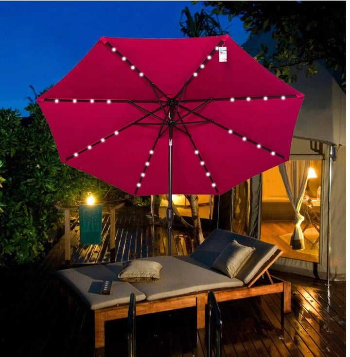 Solar Powered 32 LED Lighted Patio Umbrella Table Market Umbrella with Crank and Push Button Tilt for Garden, Deck, Backyard, Pool, 8 Steel Ribs, 9 Feet, Burgundy