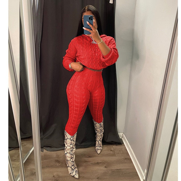 Sleek Winter Knitted Ensemble for Women - Fashionable Sweater Hoodie and Plush Pants Set