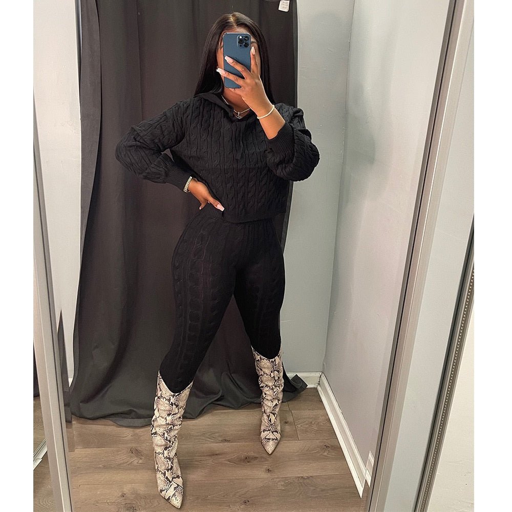 Sleek Winter Knitted Ensemble for Women Sweater Hoodie Set