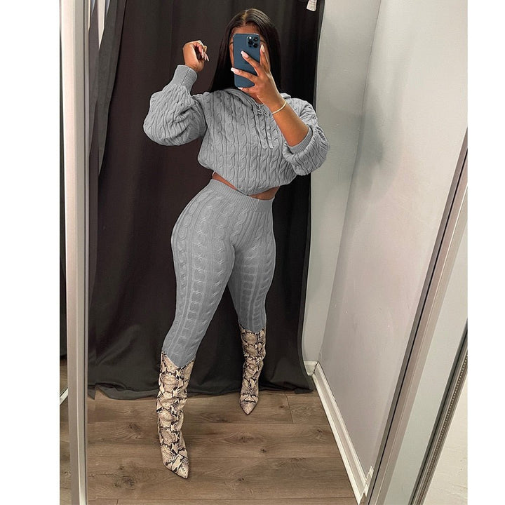 Sleek Winter Knitted Ensemble for Women - Fashionable Sweater Hoodie and Plush Pants Set