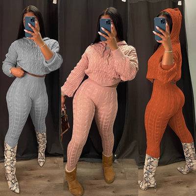 Sleek Winter Knitted Ensemble for Women Sweater Hoodie Set