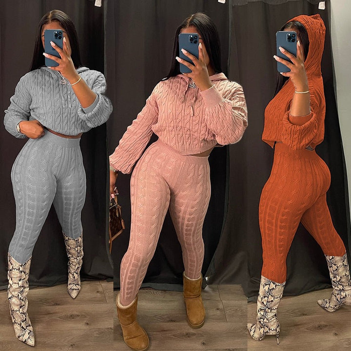 Solid Knitted Pants Set Two Piece Set Women Winter Sexy Sweater Hoodies Top Outfits Street Cropped Top Pant Set Fall