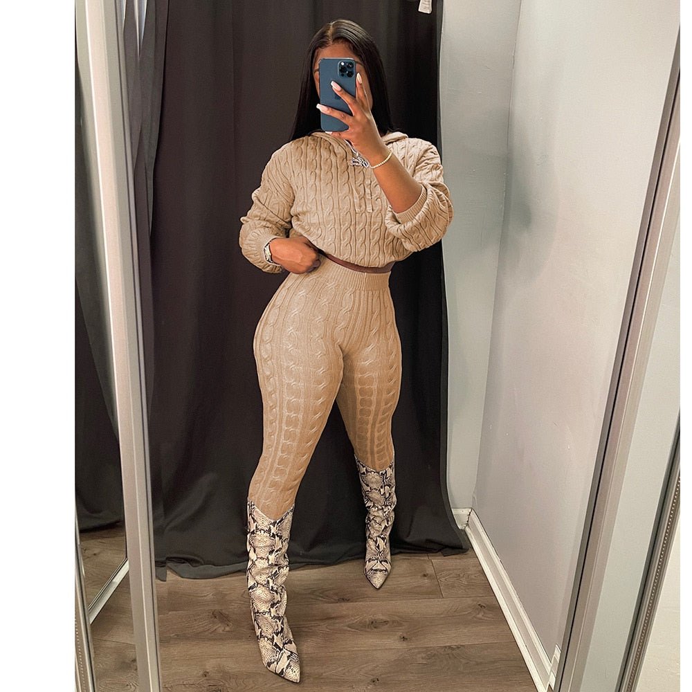 Solid Knitted Pants Set Two Piece Set Women Winter Sexy Sweater Hoodies Top Outfits Street Cropped Top Pant Set Fall