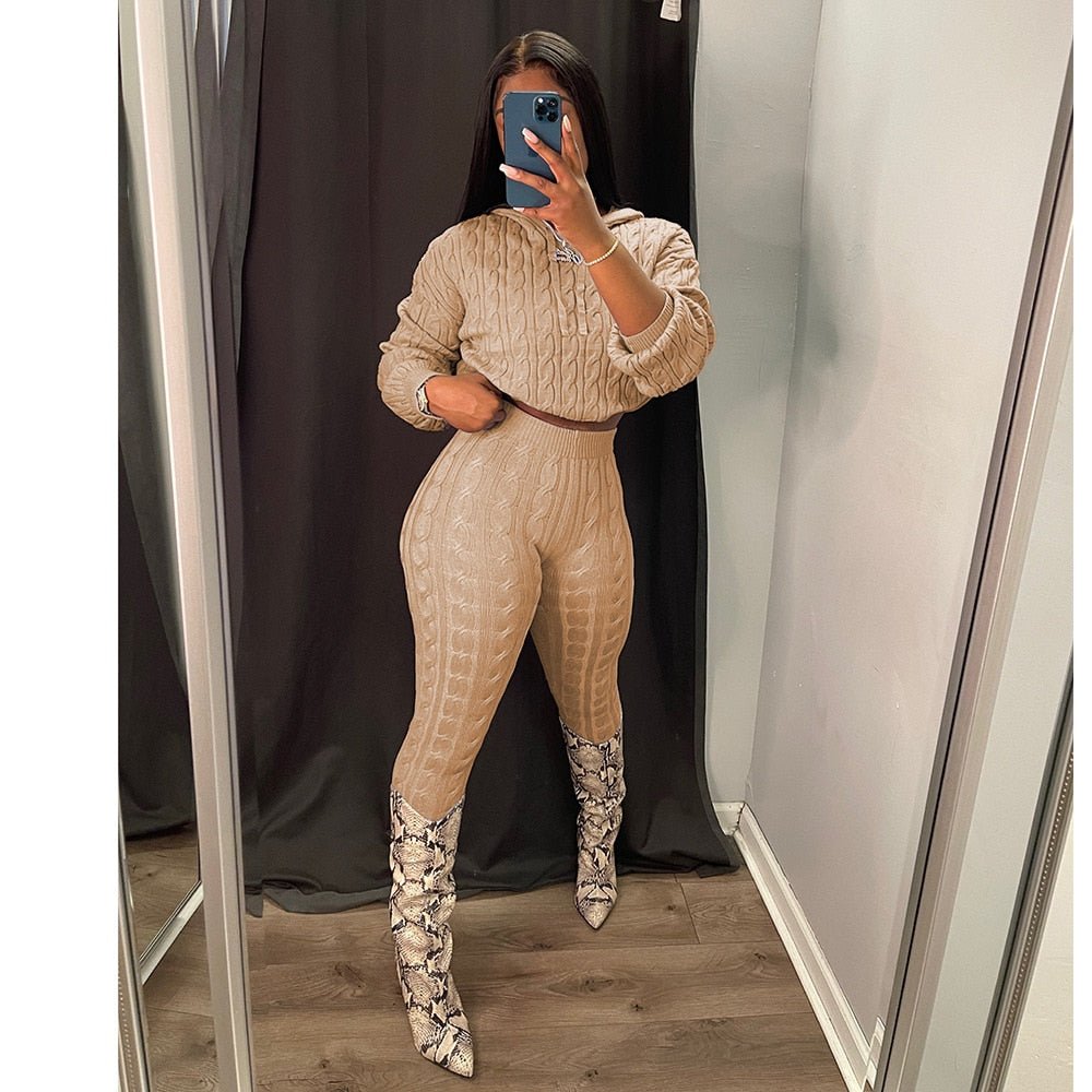 Sleek Winter Knitted Ensemble for Women Sweater Hoodie Set