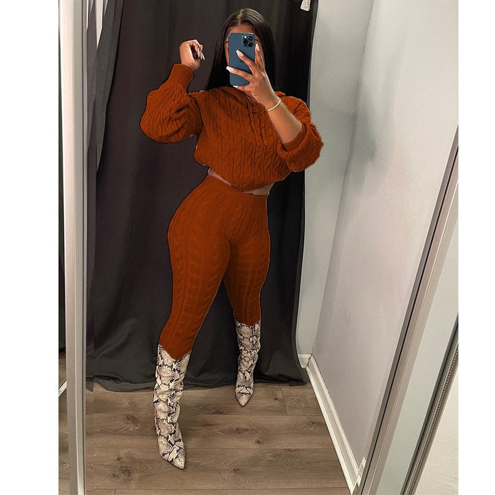 Solid Knitted Pants Set Two Piece Set Women Winter Sexy Sweater Hoodies Top Outfits Street Cropped Top Pant Set Fall