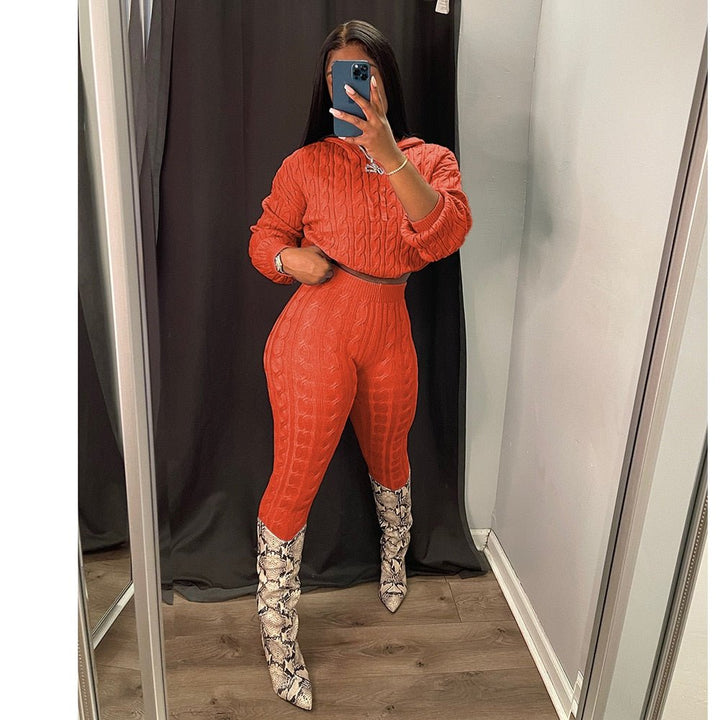Solid Knitted Pants Set Two Piece Set Women Winter Sexy Sweater Hoodies Top Outfits Street Cropped Top Pant Set Fall