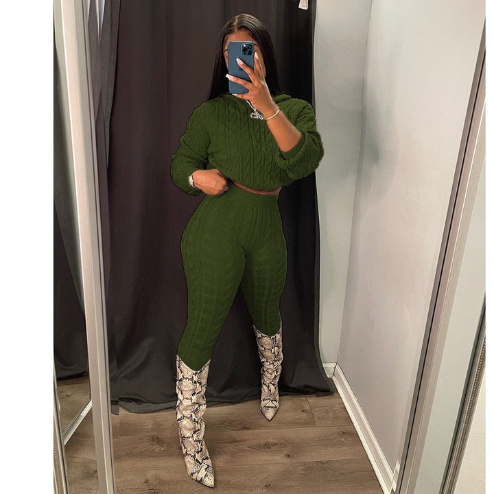 Solid Knitted Pants Set Two Piece Set Women Winter Sexy Sweater Hoodies Top Outfits Street Cropped Top Pant Set Fall