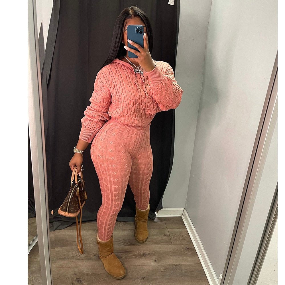 Solid Knitted Pants Set Two Piece Set Women Winter Sexy Sweater Hoodies Top Outfits Street Cropped Top Pant Set Fall