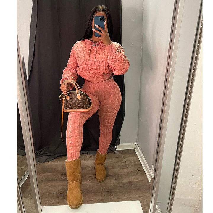 Solid Knitted Pants Set Two Piece Set Women Winter Sexy Sweater Hoodies Top Outfits Street Cropped Top Pant Set Fall