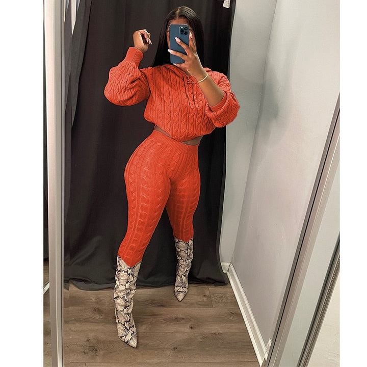 Solid Knitted Pants Set Two Piece Set Women Winter Sexy Sweater Hoodies Top Outfits Street Cropped Top Pant Set Fall