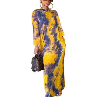 Stylish Spring Colorblock Maxi Dress with Long Sleeves