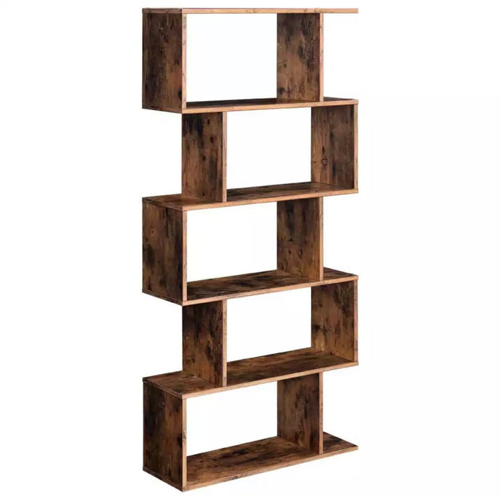 Staggered Bookcase Wooden Industrial Style 5-Tier Display Rack Room Divider Freestanding Storage Shelf Bookshelf Vintage Color