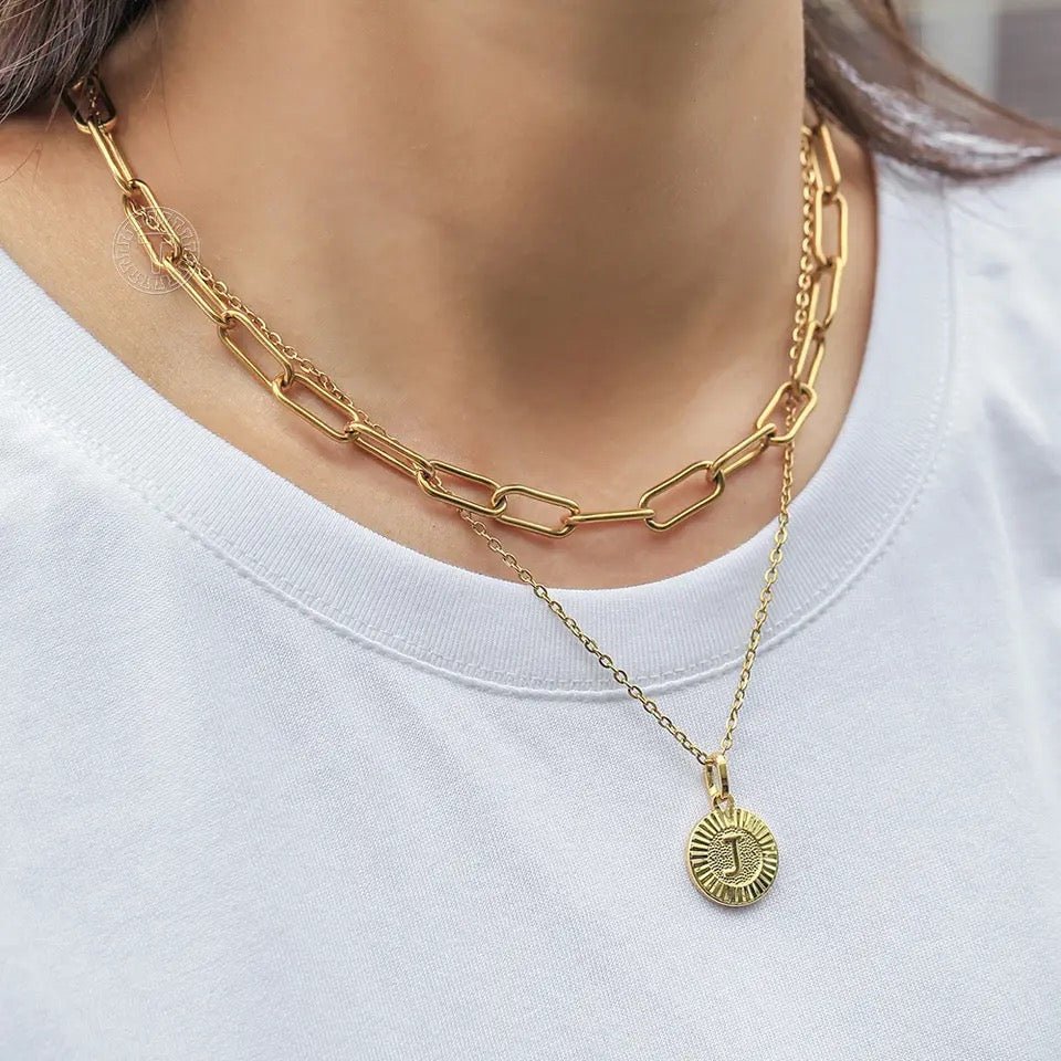 Stainless Steel Initial Coin Chain Necklace 2pcs/Set
