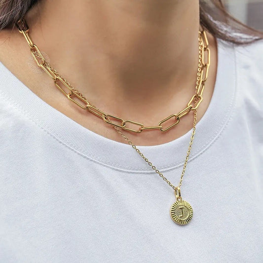 Stainless Steel Initial Coin Chain Necklace 2pcs/Set