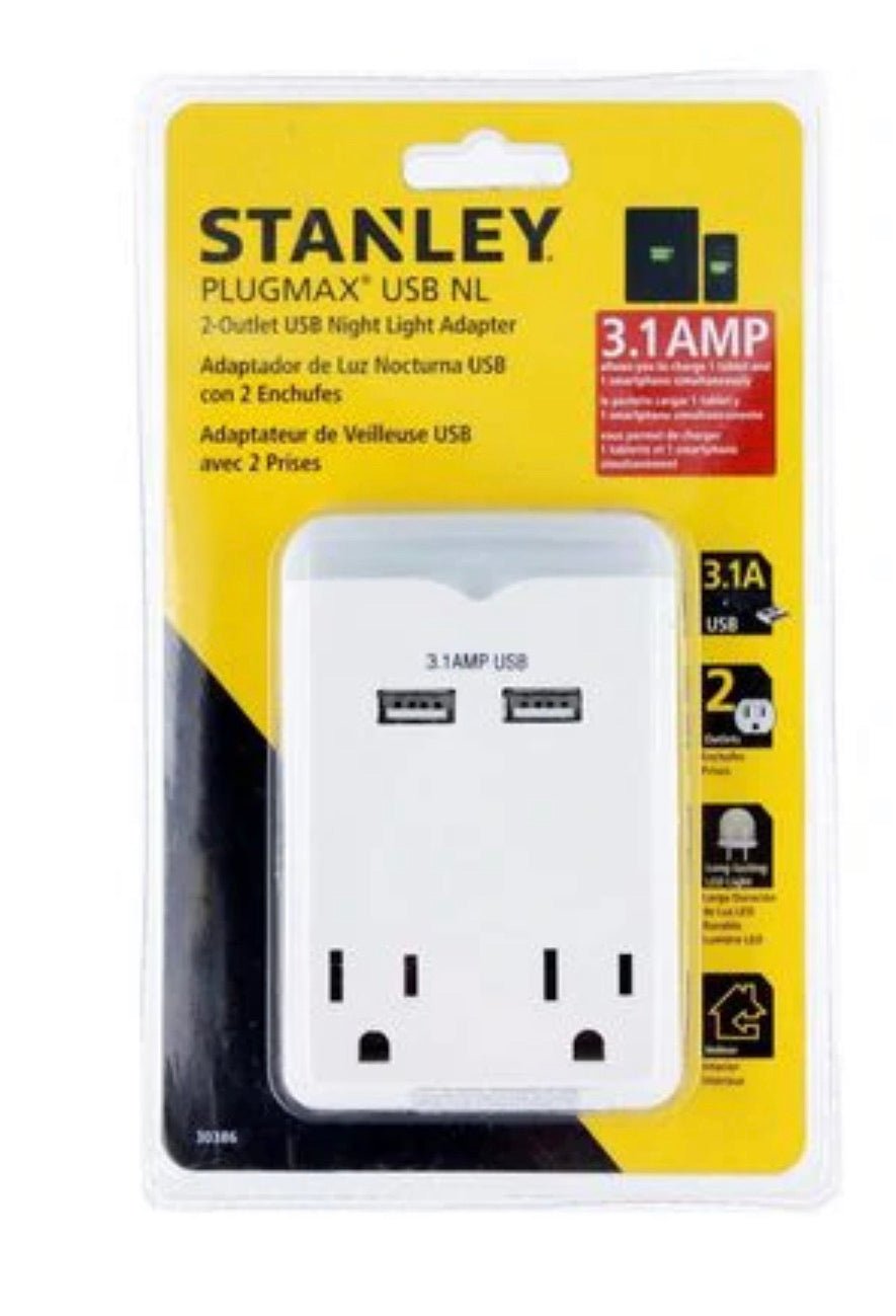 STANLEY 2 GROUNDED OUTLET USB ADAPTER 30386 PLUGMAX WITH 3.1AMP FAST CHARGING + LED NIGHT LIGHT