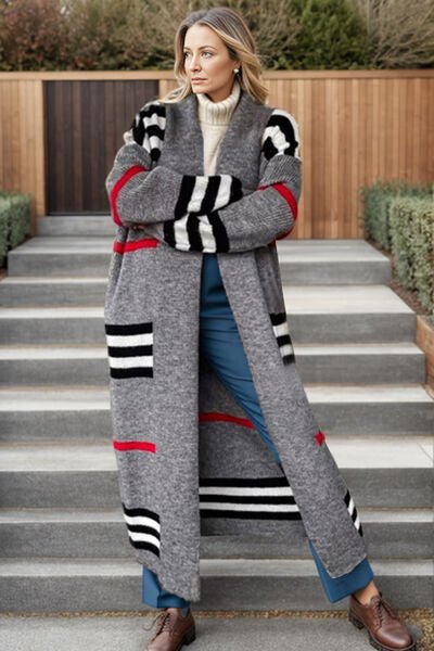 Trendy Striped Longline Open Front Cardigan with Cozy Long Sleeves