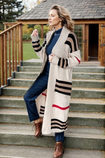 Trendy Striped Longline Open Front Cardigan with Cozy Long Sleeves