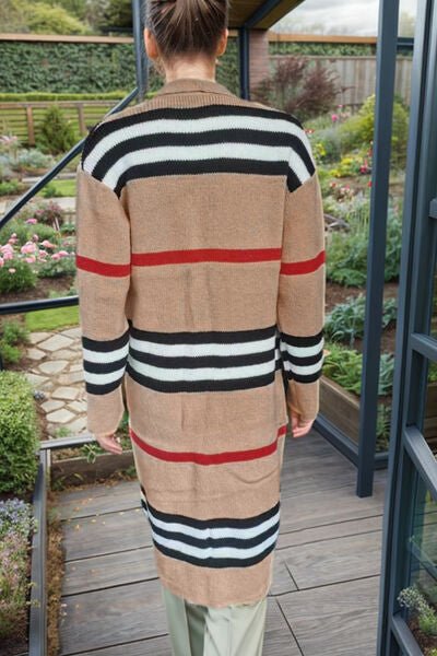 Trendy Striped Longline Open Front Cardigan with Cozy Long Sleeves