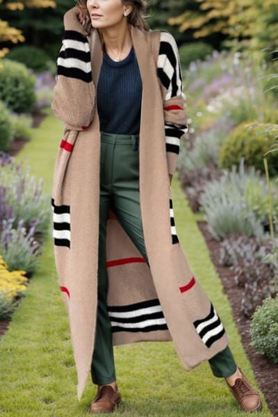 Trendy Striped Longline Open Front Cardigan with Cozy Long Sleeves