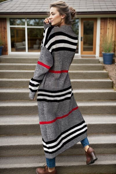 Trendy Striped Longline Open Front Cardigan with Cozy Long Sleeves