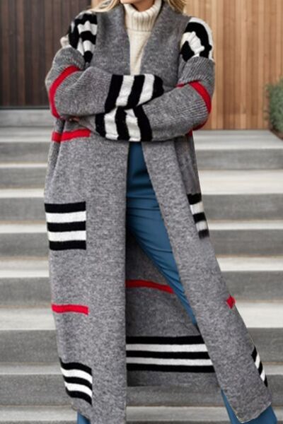 Trendy Striped Longline Open Front Cardigan with Cozy Long Sleeves