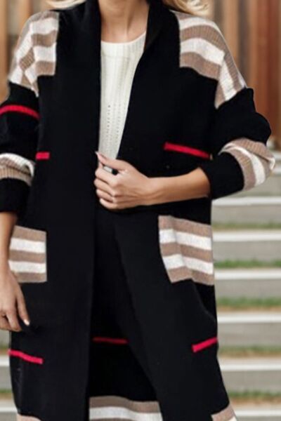 Trendy Striped Longline Open Front Cardigan with Cozy Long Sleeves