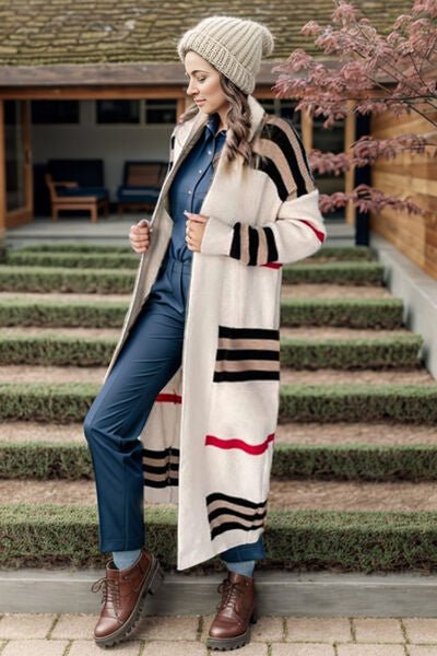 Trendy Striped Longline Open Front Cardigan with Cozy Long Sleeves