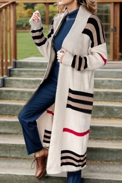 Trendy Striped Longline Open Front Cardigan with Cozy Long Sleeves