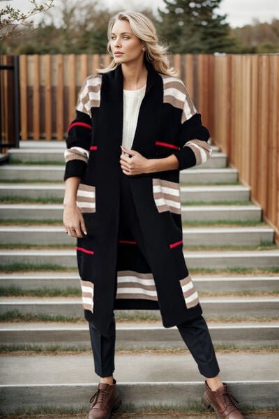 Trendy Striped Longline Open Front Cardigan with Cozy Long Sleeves