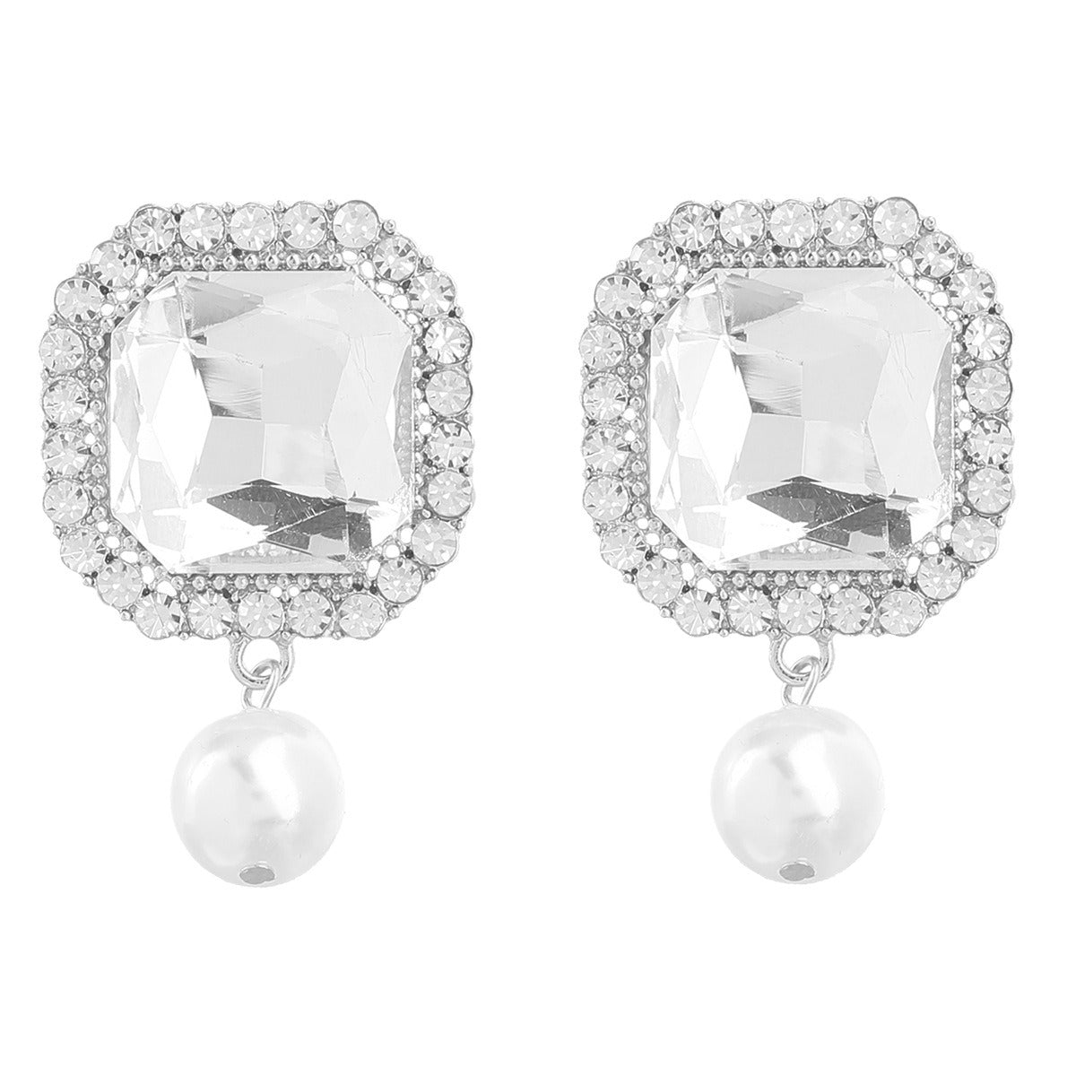 Super Flash Claw Chain Square Alloy Diamond Pearl Earrings for Women