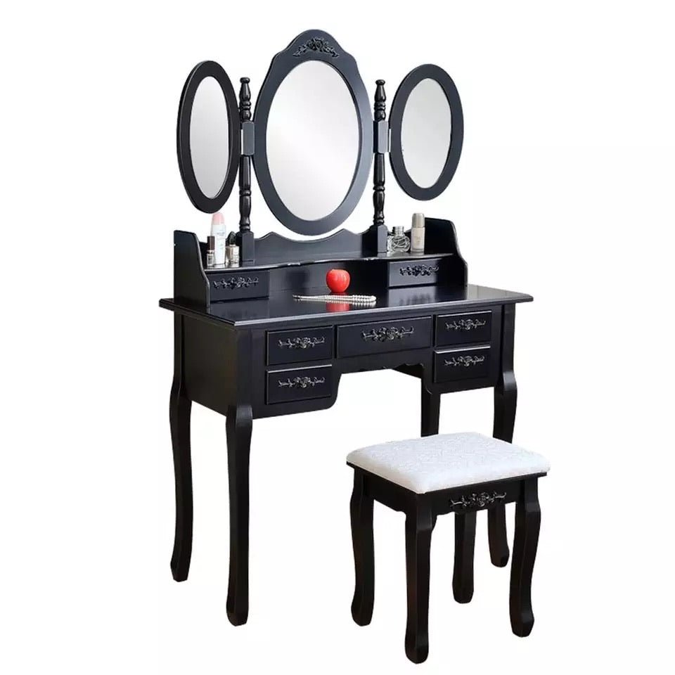 Tri-Folding Mirrors Makeup Dressing Table Vanity Desk Black with 7 Drawers Furniture Bedroom Dressing Table