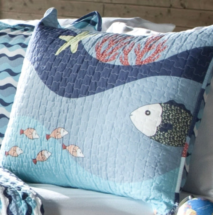 Twin Blue Serenity Sea Fish Coral Coverlet Quilt Bedspread Set