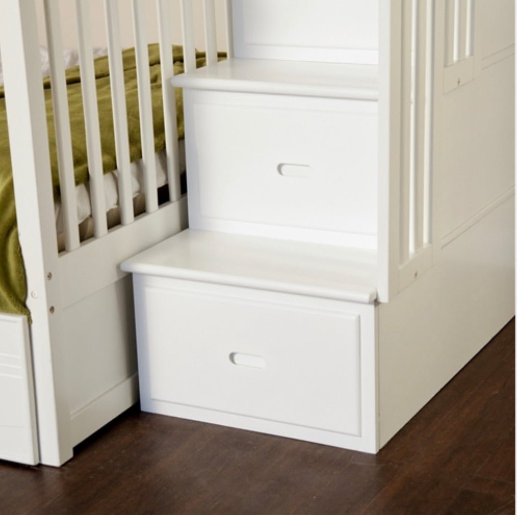 Twin over Full Bunk Bed with Stairway Storage Drawers in White Wood Finish