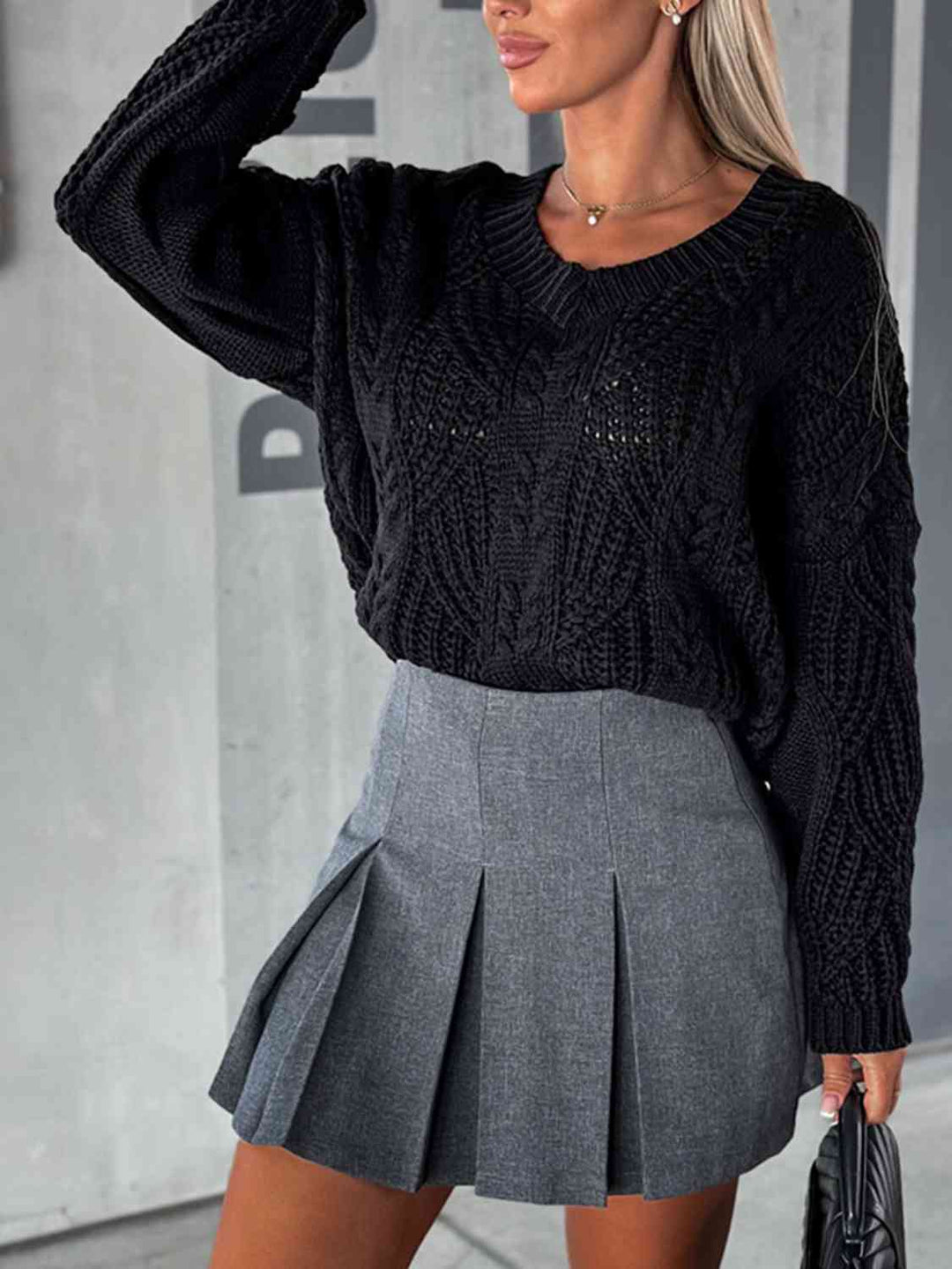 Elegant V-Neck Cable-Knit Sweater with Long Sleeves