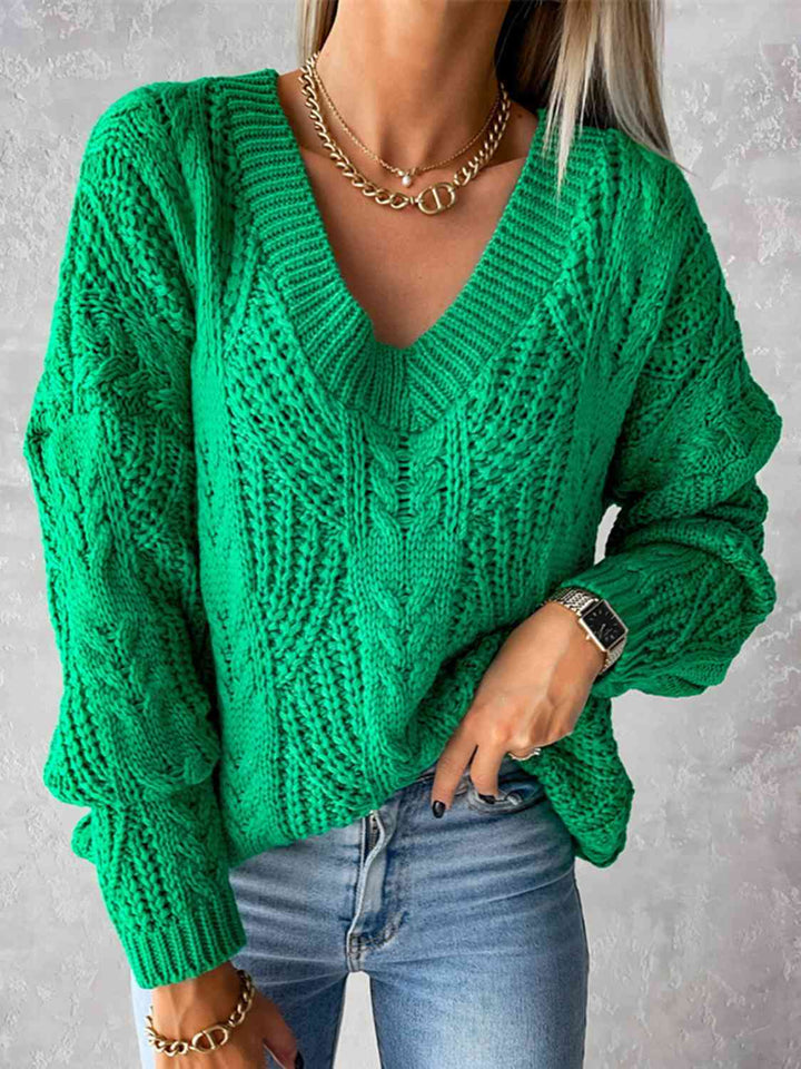 Elegant V-Neck Cable-Knit Sweater with Long Sleeves