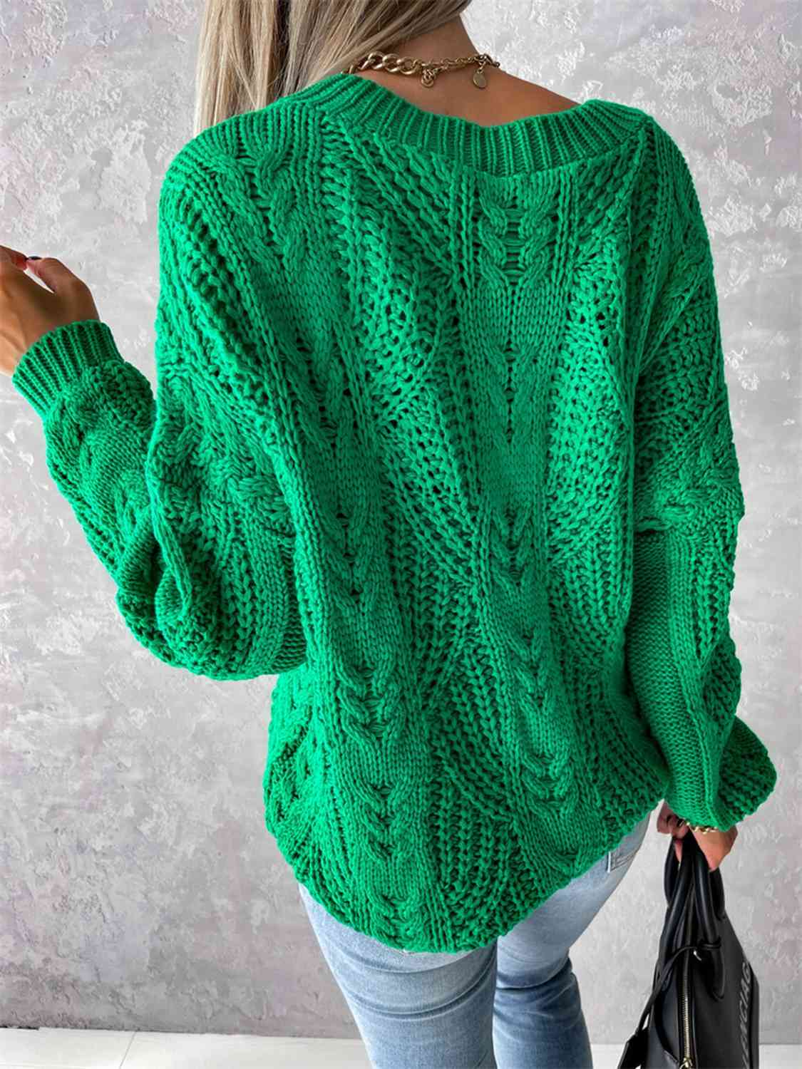 Elegant V-Neck Cable-Knit Sweater with Long Sleeves Fashion