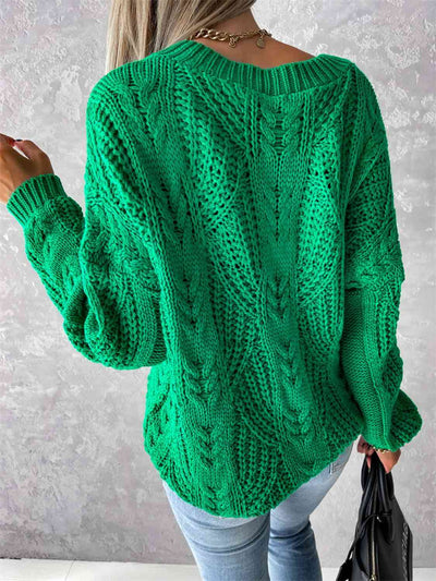 Elegant V-Neck Cable-Knit Sweater with Long Sleeves Fashion
