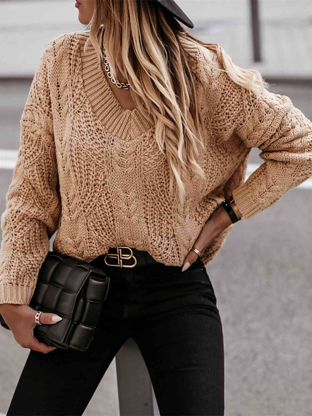 Elegant V-Neck Cable-Knit Sweater with Long Sleeves