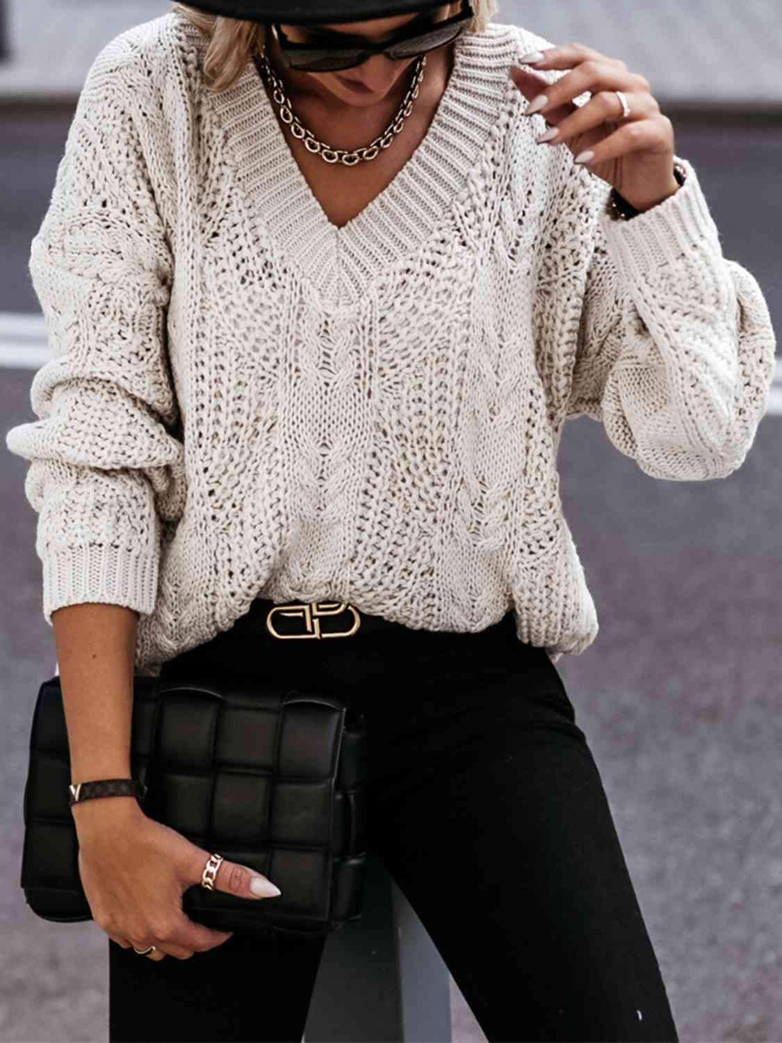 Elegant V-Neck Cable-Knit Sweater with Long Sleeves Fashion