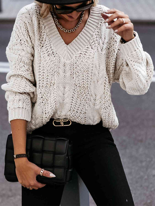 Elegant V-Neck Cable-Knit Sweater with Long Sleeves Fashion