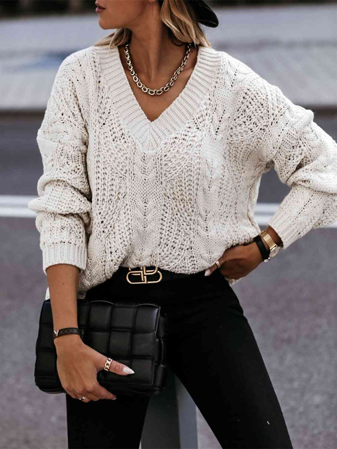 Elegant V-Neck Cable-Knit Sweater with Long Sleeves