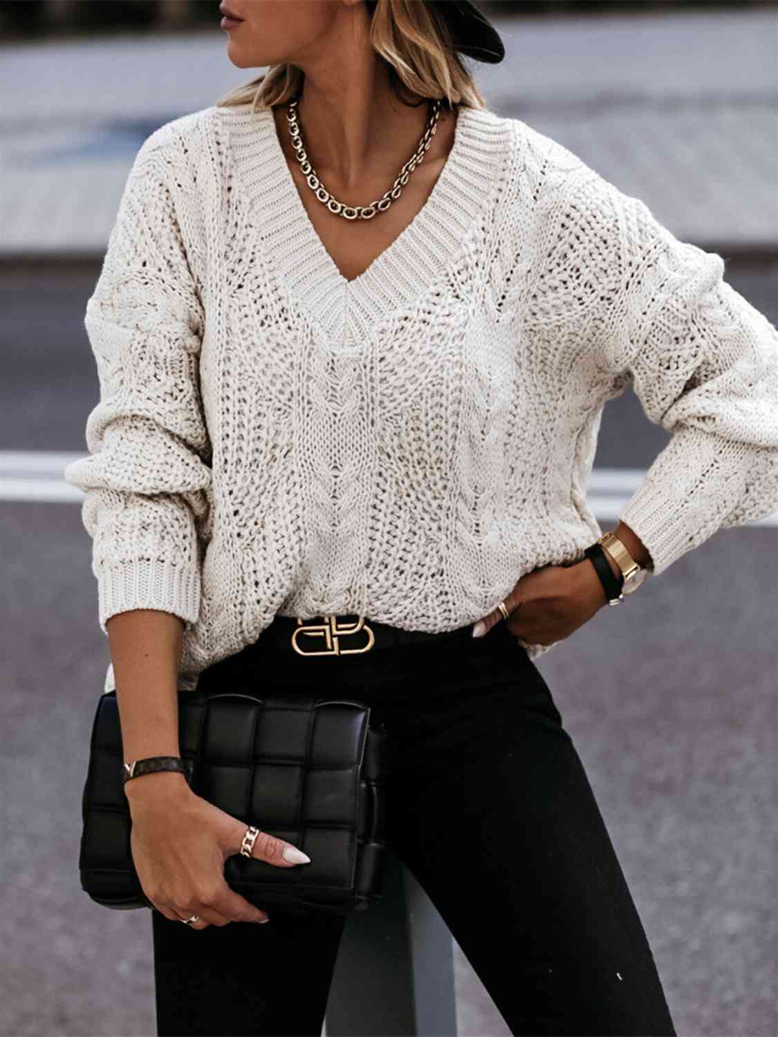 Elegant V-Neck Cable-Knit Sweater with Long Sleeves Fashion