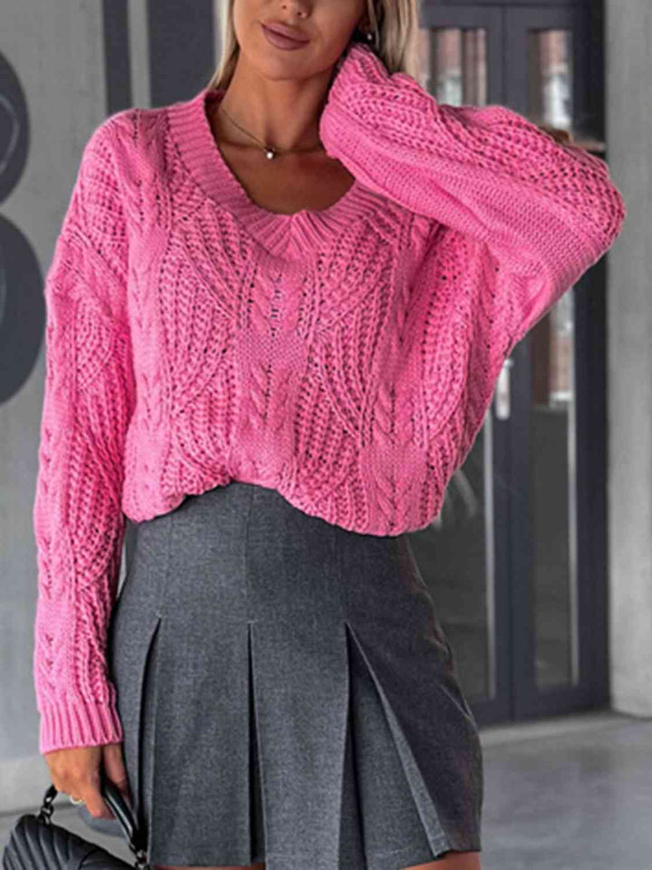 Elegant V-Neck Cable-Knit Sweater with Long Sleeves